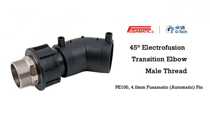 45° PE100 electrofusion transition elbow with brass male BSPT threaded insert and 4 mm automatic fusion pin
