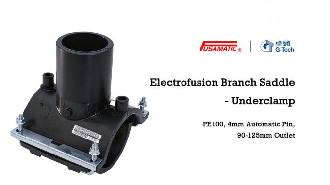 Heavy-duty PE100 electrofusion branch saddle with bolted underclamp and large-bore 90–125mm outlet