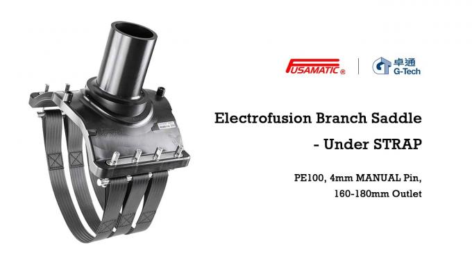 Large-diameter PE100 electrofusion branch saddle with under strap, manual pin, 110/125mm outlet for DN225–630 mains
