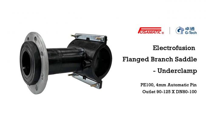 PE100 automatic-pin flanged branch saddle with underclamp and galvanised backing ring for DN90–DN250 PE mains